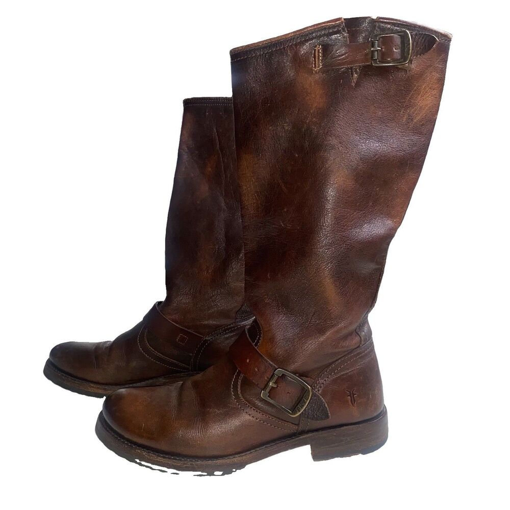 FRYE Veronica Slouch Boots W 8.5-9 Brown Leather Tall Buckle Moto Riding
